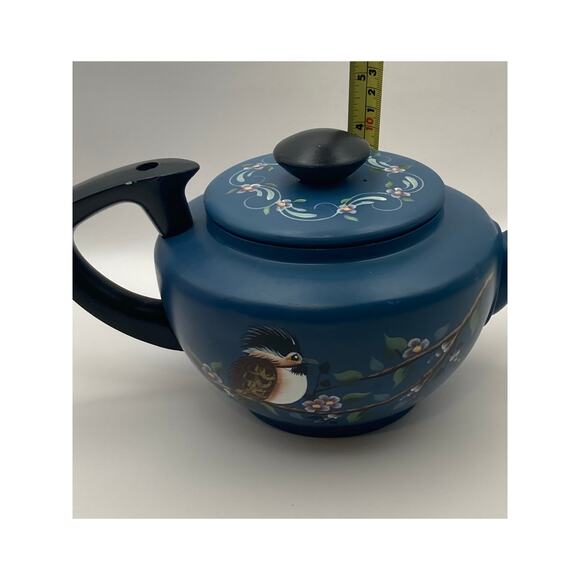 Vintage Mirro Teapot Aluminum Hand Painted Floral and Bird USA Blue with Lid - Picture 9 of 9